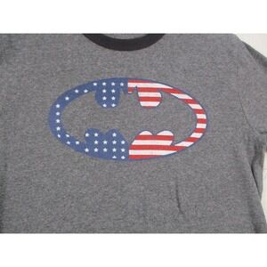 Batman Boys Gray Ringer T-Shirt American Flag Logo Short Sleeve Size L 14/16